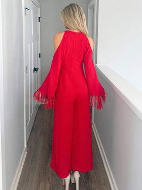 Sydney Algeri جمبسوت نسائية طويلة الأكمام ذات لون أحمر لامع وياقة على شكل صليب مع شراريب، موديل جديد لخريف وشتاء 2025، مناسبة للحفلات والمناسبات اليومية، حفلات البلد، هالوين، عيد الميلاد، السهرات، حفلات الزفاف، حفلات الغداء