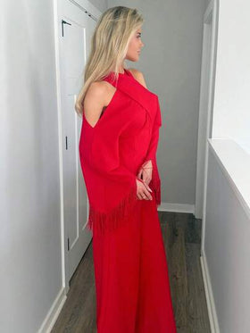Sydney Algeri جمبسوت نسائية طويلة الأكمام ذات لون أحمر لامع وياقة على شكل صليب مع شراريب، موديل جديد لخريف وشتاء 2025، مناسبة للحفلات والمناسبات اليومية، حفلات البلد، هالوين، عيد الميلاد، السهرات، حفلات الزفاف، حفلات الغداء