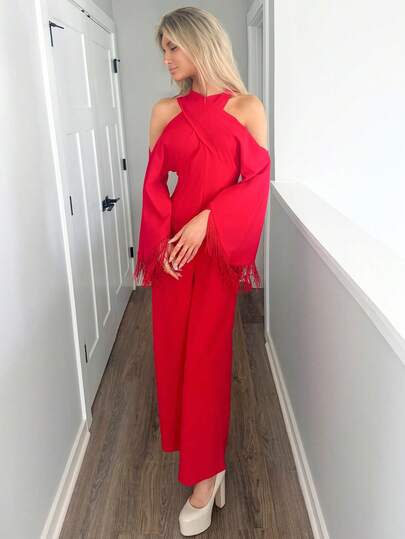 Sydney Algeri جمبسوت نسائية طويلة الأكمام ذات لون أحمر لامع وياقة على شكل صليب مع شراريب، موديل جديد لخريف وشتاء 2025، مناسبة للحفلات والمناسبات اليومية، حفلات البلد، هالوين، عيد الميلاد، السهرات، حفلات الزفاف، حفلات الغداء