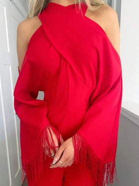 Sydney Algeri جمبسوت نسائية طويلة الأكمام ذات لون أحمر لامع وياقة على شكل صليب مع شراريب، موديل جديد لخريف وشتاء 2025، مناسبة للحفلات والمناسبات اليومية، حفلات البلد، هالوين، عيد الميلاد، السهرات، حفلات الزفاف، حفلات الغداء