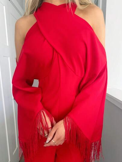 Sydney Algeri جمبسوت نسائية طويلة الأكمام ذات لون أحمر لامع وياقة على شكل صليب مع شراريب، موديل جديد لخريف وشتاء 2025، مناسبة للحفلات والمناسبات اليومية، حفلات البلد، هالوين، عيد الميلاد، السهرات، حفلات الزفاف، حفلات الغداء