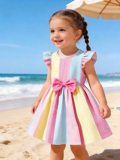 SHEIN Playful Pals فستان للبنات من عمر 6 أشهر إلى 3-2 سنوات، بتصميم شريطي عمودي متعدد الألوان على طراز عقدة الفراشة ، مع عقدة وردية ثلاثية الأبعاد وتصميم أكمام طائرة صغيرة، من قماش رقيق، بطراز أميرة جميل، مناسب لحفلات عيد الميلاد والاستخدام اليومي في الخا