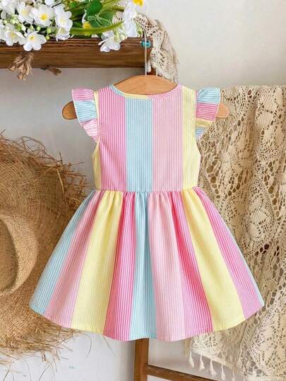 SHEIN Playful Pals فستان للبنات من عمر 6 أشهر إلى 3-2 سنوات، بتصميم شريطي عمودي متعدد الألوان على طراز عقدة الفراشة ، مع عقدة وردية ثلاثية الأبعاد وتصميم أكمام طائرة صغيرة، من قماش رقيق، بطراز أميرة جميل، مناسب لحفلات عيد الميلاد والاستخدام اليومي في الخا