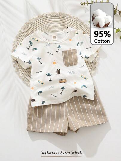 Cozy Pixies مجموعة من 2 قطعة ملابس علوية وشورت للأطفال الرضع بناتي برسومات حيوانات كرتونية، قطن ناعم ياقة مطوية وأكمام قصيرة، وشورتات ذات خصر مطاطي