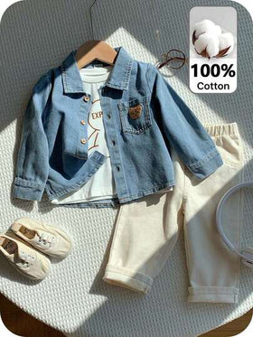 رمضان مجموعة ملابس أطفال صبيان 3 قطع: جاكيت جينز كاجوال مزين بالدب، تيشيرت أبيض بأكمام طويلة، بنطلون بيج، مناسبة للاستخدام اليومي الكاجوال، حفلات عيد الميلاد، التجمعات، الحضانة، مجموعة جينز خريفية، مجموعة جاكيت أولاد، مجموعة كاجوال، ملابس جينز