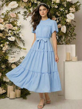 SHEIN فستان قصير الأكمام مزين بأزرار ياقة، قطع ملونة، نسيج جاكار على الحافة
