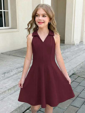 SHEIN Serisse Kids فستان بخصر ملائم وتنورة منفرجة بياقة على شكل حرف V بدون أكمام للفتيات المراهقات بلون أحادي