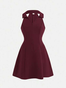 SHEIN Serisse Kids فستان بخصر ملائم وتنورة منفرجة بياقة على شكل حرف V بدون أكمام للفتيات المراهقات بلون أحادي