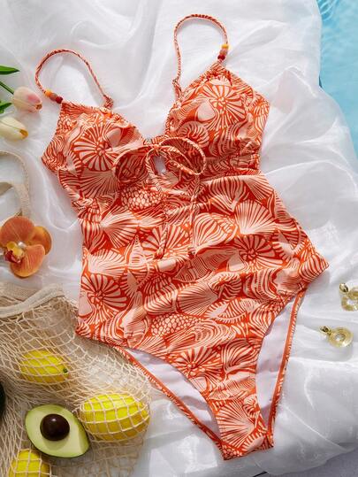 Swim Vcay بدلة سباحة قطعة واحدة للنساء مزينة بطباعة صدفة عشوائية وخرز، مع رباط أمامي، باللون البرتقالي، مناسبة للصيف وعطلات الشاطئ