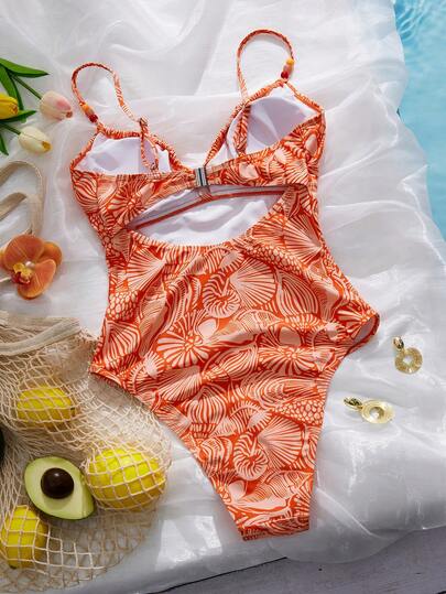 Swim Vcay بدلة سباحة قطعة واحدة للنساء مزينة بطباعة صدفة عشوائية وخرز، مع رباط أمامي، باللون البرتقالي، مناسبة للصيف وعطلات الشاطئ