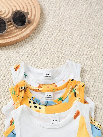 SHEIN Playful Pals 3 قطع رومبير صيفية للأطفال الصبية مزينة بطباعة مخلوقات بحرية جميلة باللون الأزرق