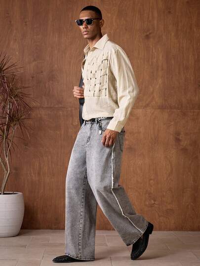 AKNOTIC Business Casual بنطلون جينز رجالي بجيوب مائلة وساق واسعة