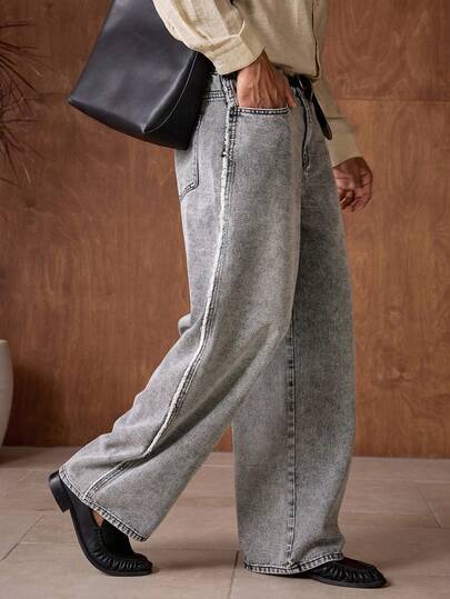 AKNOTIC Business Casual بنطلون جينز رجالي بجيوب مائلة وساق واسعة
