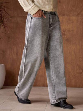 AKNOTIC Business Casual بنطلون جينز رجالي بجيوب مائلة وساق واسعة