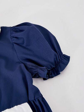 SHEIN فستان فتيات ChillGRL، قطعة واحدة - فستان قميص مزين بكشكشة الذيل، أكمام فانوس، تنورة مطوية على شكل A، يأتي مع حزام من البولي يوريثان، مناسب للارتداء اليومي العادي في الربيع/الصيف
