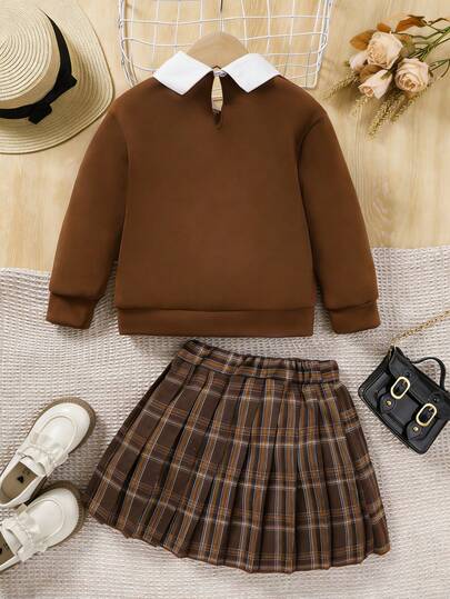 SHEIN Elladie kids بنت طفل ياقة متباينة قميص ثقيل & مربعات ملونة تنورة ذو تجاعيد