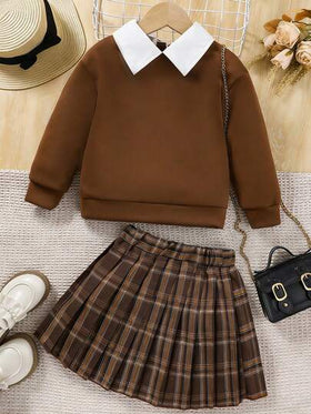 SHEIN Elladie kids بنت طفل ياقة متباينة قميص ثقيل & مربعات ملونة تنورة ذو تجاعيد