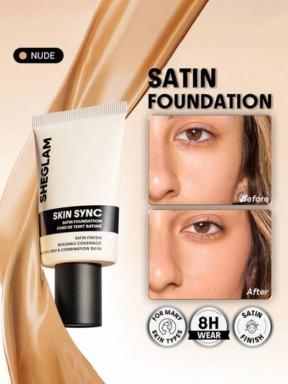 SHEGLAM Skin Sync Satin كريم أساس-Nude علامة تجارية جمال مكياج ميكب مستحضرات تجميل للنساء الفتيات مثالي لفصل الشتاء الربيع مثالي ل- Y2K أزياء أنيقة رمضان هدية حفلة جاهز أفضل لون