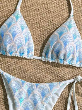 Swim Mod بكيني بقطعتين، حمالة رقبة مثيرة وصدرية مثلثة وسراويل مربوطة من الجانب، قماش ذو ملمس لامع، للاستخدام في الصيف والعطلات