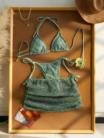 مجموعة بيكيني صيفية للنساء لعيد الحب 2026، بيكيني كروشيه بربطة خلفية، تنورة كروشيه بوهيمية للعطلات، طقم بيكيني 3 قطع للنساء مناسب للشاطئ والأوقات الحرة والعطلات وحفلات المسبح