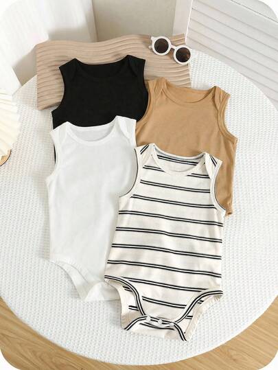 SHEIN 4 قطع طقم رومبر قصير الأكمام مخطط بياقة دائرية كاجوال بسيط للأطفال الرضع ولد/بنت، مناسب للصيف