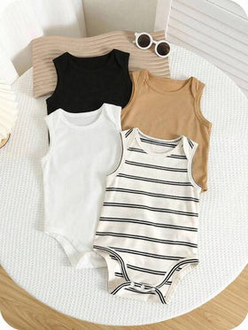 SHEIN 4 قطع طقم رومبر قصير الأكمام مخطط بياقة دائرية كاجوال بسيط للأطفال الرضع ولد/بنت، مناسب للصيف