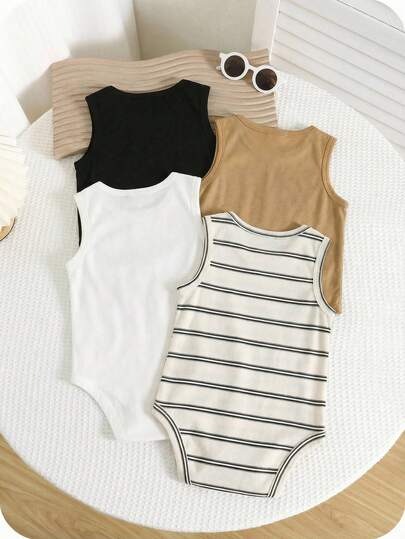 SHEIN 4 قطع طقم رومبر قصير الأكمام مخطط بياقة دائرية كاجوال بسيط للأطفال الرضع ولد/بنت، مناسب للصيف