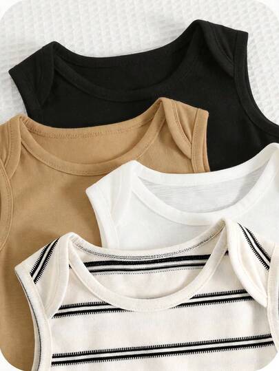 SHEIN 4 قطع طقم رومبر قصير الأكمام مخطط بياقة دائرية كاجوال بسيط للأطفال الرضع ولد/بنت، مناسب للصيف