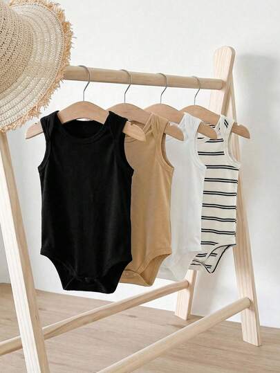 SHEIN 4 قطع طقم رومبر قصير الأكمام مخطط بياقة دائرية كاجوال بسيط للأطفال الرضع ولد/بنت، مناسب للصيف