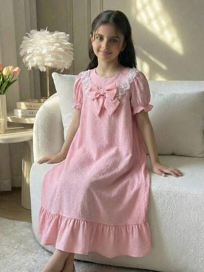 فستان بناتي مراهقات فضفاض كاجوال بسيط مريح بياقة دائرية وأكمام منتفخة مزين بفيونكة للراحة المنزلية