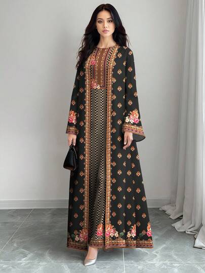 SHEIN Najma فستان ماكسي أنيق بطبعات زهور وهرنجبون مع كارديجان عباءة، طقم من قطعتين، للربيع/الصيف