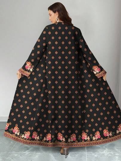 SHEIN Najma فستان ماكسي أنيق بطبعات زهور وهرنجبون مع كارديجان عباءة، طقم من قطعتين، للربيع/الصيف