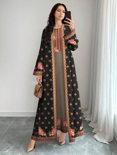 SHEIN Najma فستان ماكسي أنيق بطبعات زهور وهرنجبون مع كارديجان عباءة، طقم من قطعتين، للربيع/الصيف
