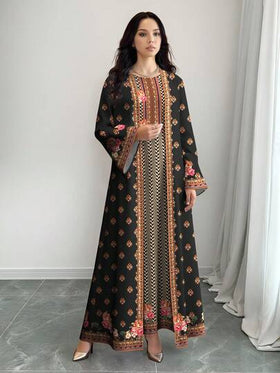 SHEIN Najma فستان ماكسي أنيق بطبعات زهور وهرنجبون مع كارديجان عباءة، طقم من قطعتين، للربيع/الصيف