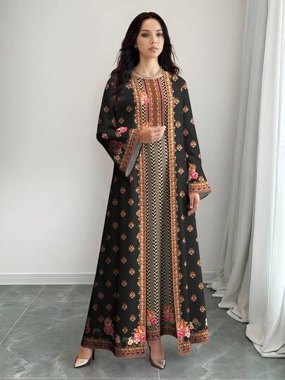 SHEIN Najma فستان ماكسي أنيق بطبعات زهور وهرنجبون مع كارديجان عباءة، طقم من قطعتين، للربيع/الصيف