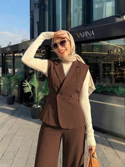 Elenzga طقم بلوزة أنيقة بدون أكمام وبنطلون طويل بخصر مطاطي، ملابس عملية كاجوال، مناسبة للعطلات والحفلات الصغيرة وشرب الشاي في فصلي الربيع والصيف