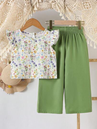 Elladie kids ملابس جديدة مكونة من قطعتين للفتيات الصغيرات بعمر 4-7 سنوات، تتميز بقميص مطبوع بأكمام قصيرة مع أزرار خلفية ومطابق له بنطلون، أنيقة ومناسبة للأنشطة اليومية والعطلات والمدرسة والسفر والأنشطة الخارجية