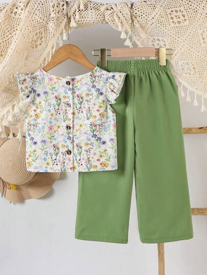 Elladie kids ملابس جديدة مكونة من قطعتين للفتيات الصغيرات بعمر 4-7 سنوات، تتميز بقميص مطبوع بأكمام قصيرة مع أزرار خلفية ومطابق له بنطلون، أنيقة ومناسبة للأنشطة اليومية والعطلات والمدرسة والسفر والأنشطة الخارجية