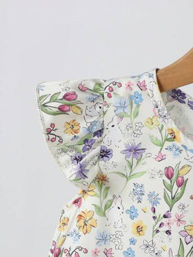 Elladie kids ملابس جديدة مكونة من قطعتين للفتيات الصغيرات بعمر 4-7 سنوات، تتميز بقميص مطبوع بأكمام قصيرة مع أزرار خلفية ومطابق له بنطلون، أنيقة ومناسبة للأنشطة اليومية والعطلات والمدرسة والسفر والأنشطة الخارجية