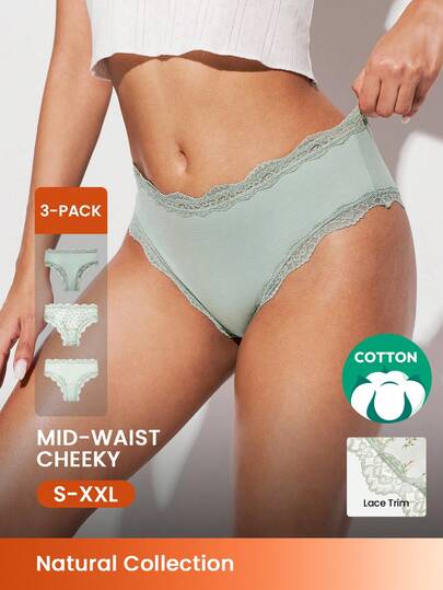 LUVLETTE طقم 3 قطع من ملابس داخلية نسائية قطنية بخصر متوسط وتصميم مثير، مزينة بطبعة زهرية وتريم من الدانتيل - أخضر