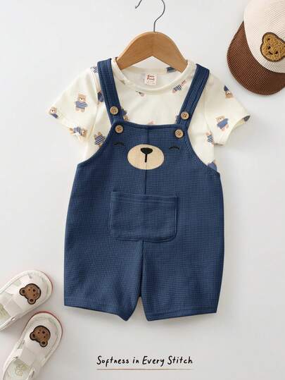 Cozy Pixies مجموعة ملابس علوية بياقة طاقم طويل الأكمام وسروال بيب أوفرول مطبوع بنمط الدب الكرتوني الناعم للأطفال الصبيان، قطعتان