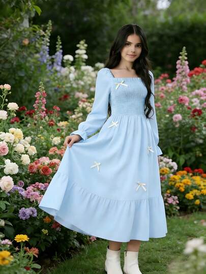 SHEIN فستان أنيق أسود متوسط الطول للمراهقات، ذو رقبة مربعة وأكمام منتفخة، خصر مربوط بفيونكة، تنورة منبثقة، مناسب للتجمعات العائلية والحفلات والارتداء اليومي