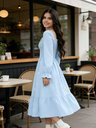 SHEIN فستان أنيق أسود متوسط الطول للمراهقات، ذو رقبة مربعة وأكمام منتفخة، خصر مربوط بفيونكة، تنورة منبثقة، مناسب للتجمعات العائلية والحفلات والارتداء اليومي