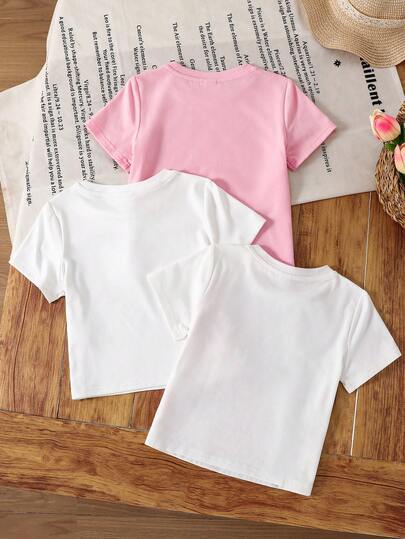 SHEIN تي شيرت بياقة مستديرة وأكمام قصيرة مطبوع بتصميم بسيط للفتيات الصغيرات