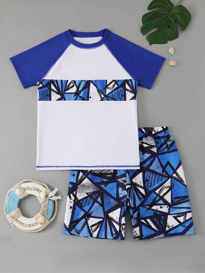 بدلة سباحة للأولاد من قطعتين، بلوزة واقية من الشمس وسروال قصير، مجموعة ملابس سباحة للمراهقين 12-16 سنة