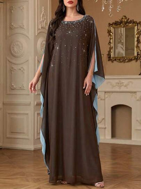 Solessence رمضان عباءة عربية طويلة ناعمة ومريحة، بتصميم ياقة دائرية وتفاصيل من اللؤلؤ بألوان متباينة، مناسبة للمناسبات والمناسبات اليومية