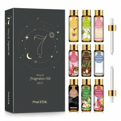 مجموعة زيوت العطور فاتويل 9 قطع 10 مل/0.33 أونصة سائلة، مجموعة زيوت عطرية أساسية، زيوت معطرة لصناعة الصابون والشموع والموزع والمرطب، DIY عطر - جوز الهند وفانيليا / مسك أبيض / قهوة / لبان / D-Jador / ملاك / زنبق أسود / مغنوليا