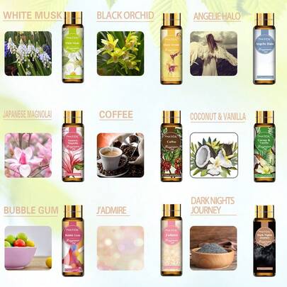 مجموعة زيوت العطور فاتويل 9 قطع 10 مل/0.33 أونصة سائلة، مجموعة زيوت عطرية أساسية، زيوت معطرة لصناعة الصابون والشموع والموزع والمرطب، DIY عطر - جوز الهند وفانيليا / مسك أبيض / قهوة / لبان / D-Jador / ملاك / زنبق أسود / مغنوليا