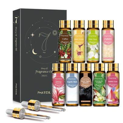 مجموعة زيوت العطور فاتويل 9 قطع 10 مل/0.33 أونصة سائلة، مجموعة زيوت عطرية أساسية، زيوت معطرة لصناعة الصابون والشموع والموزع والمرطب، DIY عطر - جوز الهند وفانيليا / مسك أبيض / قهوة / لبان / D-Jador / ملاك / زنبق أسود / مغنوليا