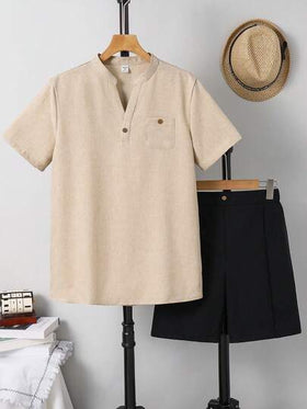 SHEIN طقم قميص كاجوال بأكمام قصيرة وياقة على شكل V وشورت للمراهقين الذكور، طقم صيفي مناسب للربيع/الصيف، للارتداء اليومي، للرياضة، للخروجات، للمدرسة، للحفلات، للمناسبات، للتصوير الفوتوغرافي